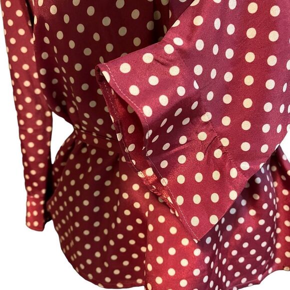 Skies Are Blue brick red and tan polka dot tie waist short length blouse size SP - Picture 4 of 14